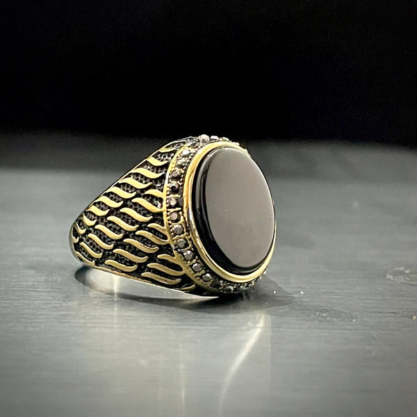 Black Stone Silver Feather Turkish Ring