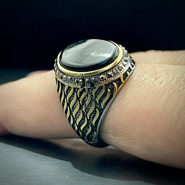 Black Stone Silver Feather Turkish Ring