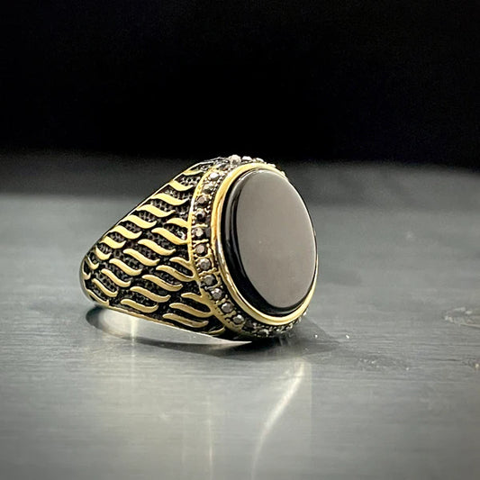 Black Stone Silver Feather Turkish Ring